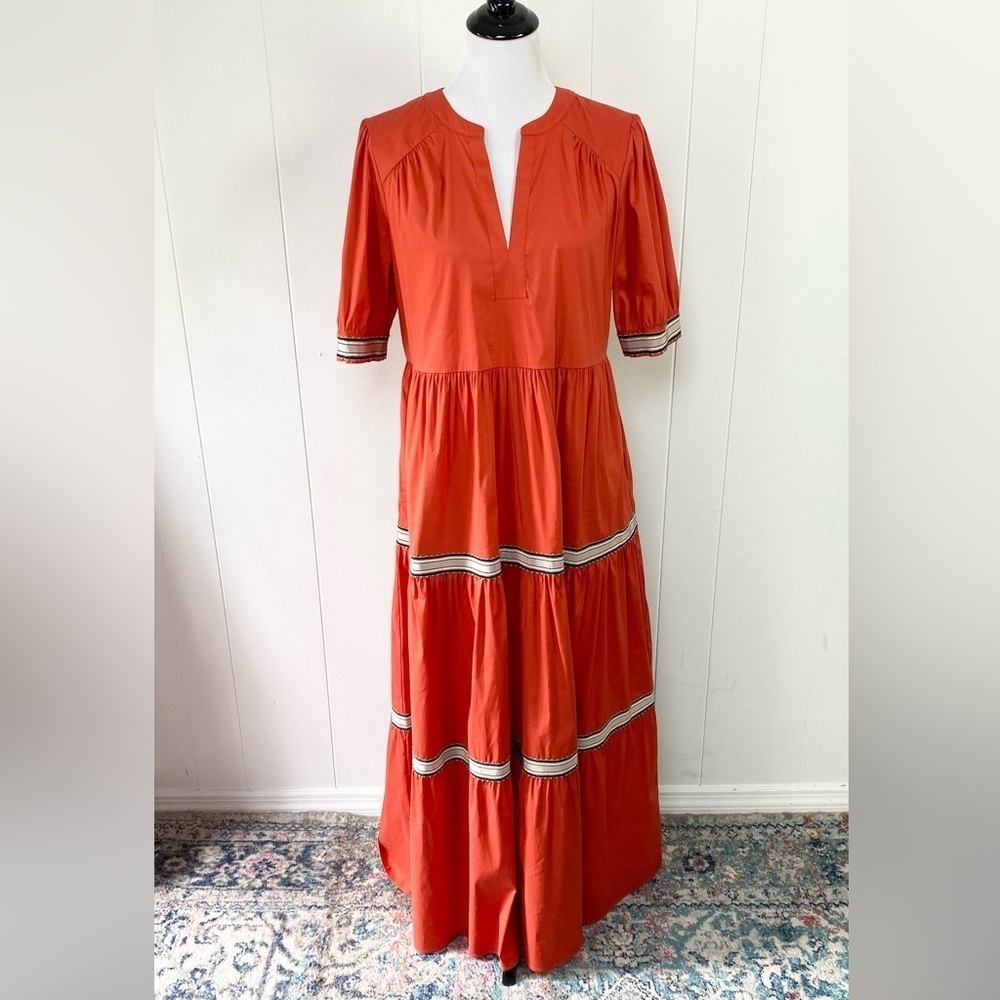 PUROTATTO Orange Tiered Maxi Dress W/‎ Tan Ribbon Size 44 US 6-8 Made In Italy